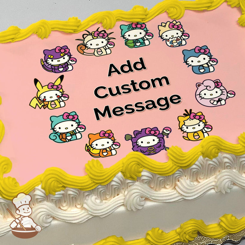 Cartoon Hello Kitty characters dressed as Pokémon on a pink background, each holding Poké Balls. Image printed on a photo sheet cake.