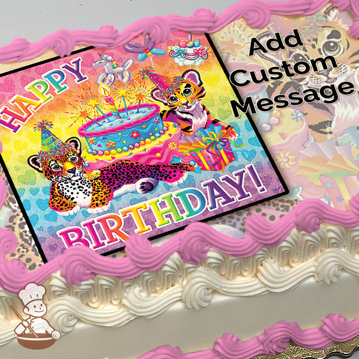 Colorful illustration of a leopard and tiger cub with a birthday cake and presents on a rainbow background. Printed on a photo sheet cake.