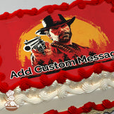 Illustration of a rugged man in a cowboy hat pointing a revolver, set against a yellow sunset with silhouettes of riders and trees. Printed on a sheet cake.