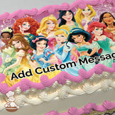 Illustration of Disney princesses, including Cinderella, Snow White, and Ariel, standing together in colorful dresses against a pink, sparkly background, printed on a photo sheet cake.