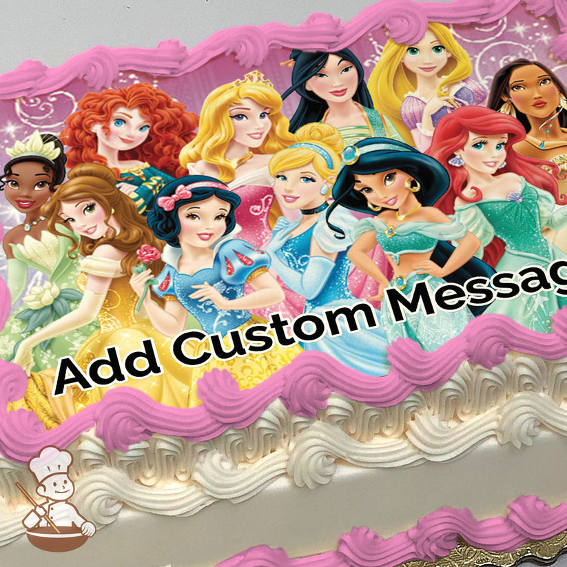 Illustration of Disney princesses, including Cinderella, Snow White, and Ariel, standing together in colorful dresses against a pink, sparkly background, printed on a photo sheet cake.