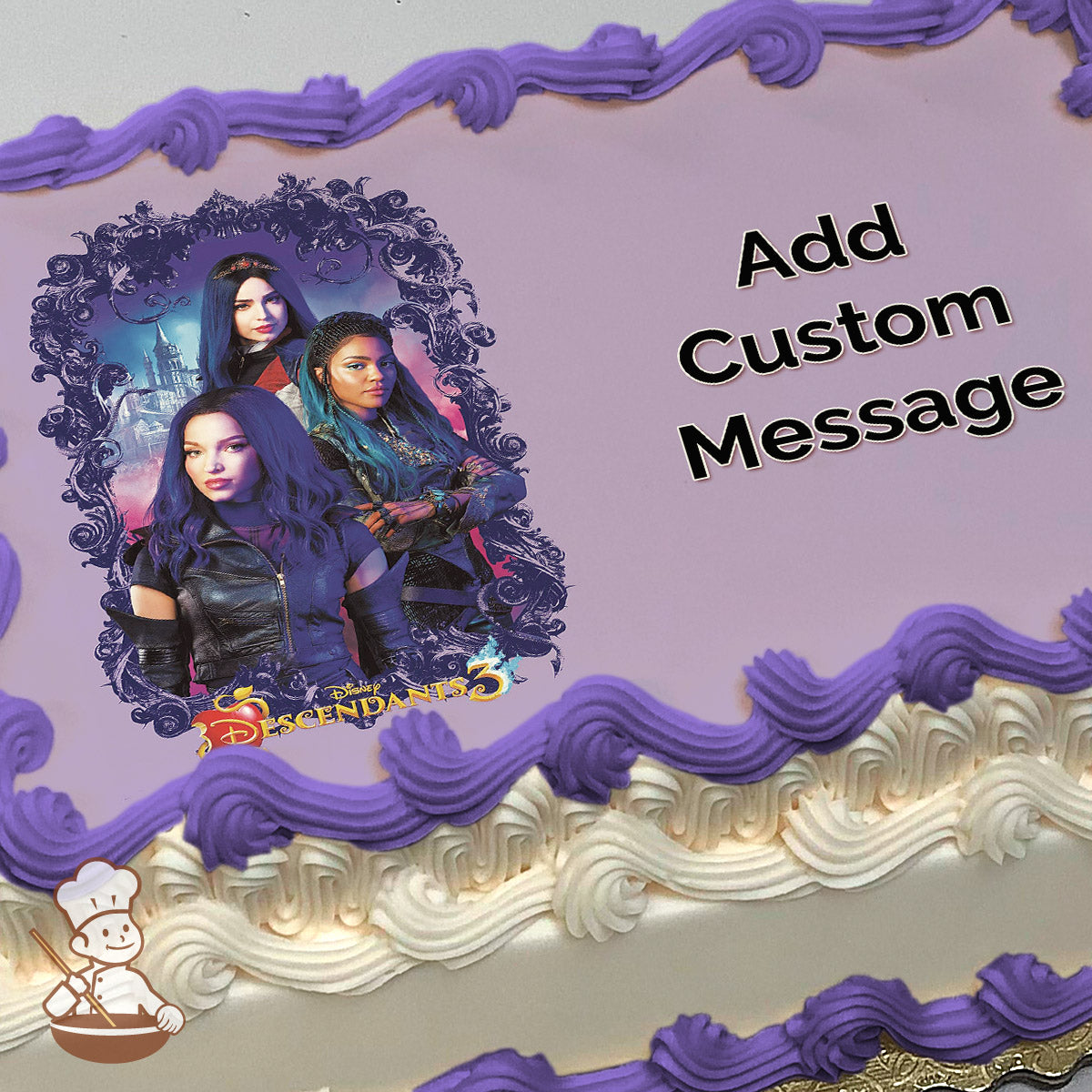 Three characters from "Descendants 3" are featured in a colorful illustration with a castle in the background. Printed on a sheet cake.