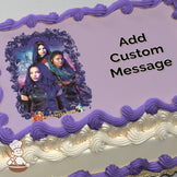 Three characters from "Descendants 3" are featured in a colorful illustration with a castle in the background. Printed on a sheet cake.