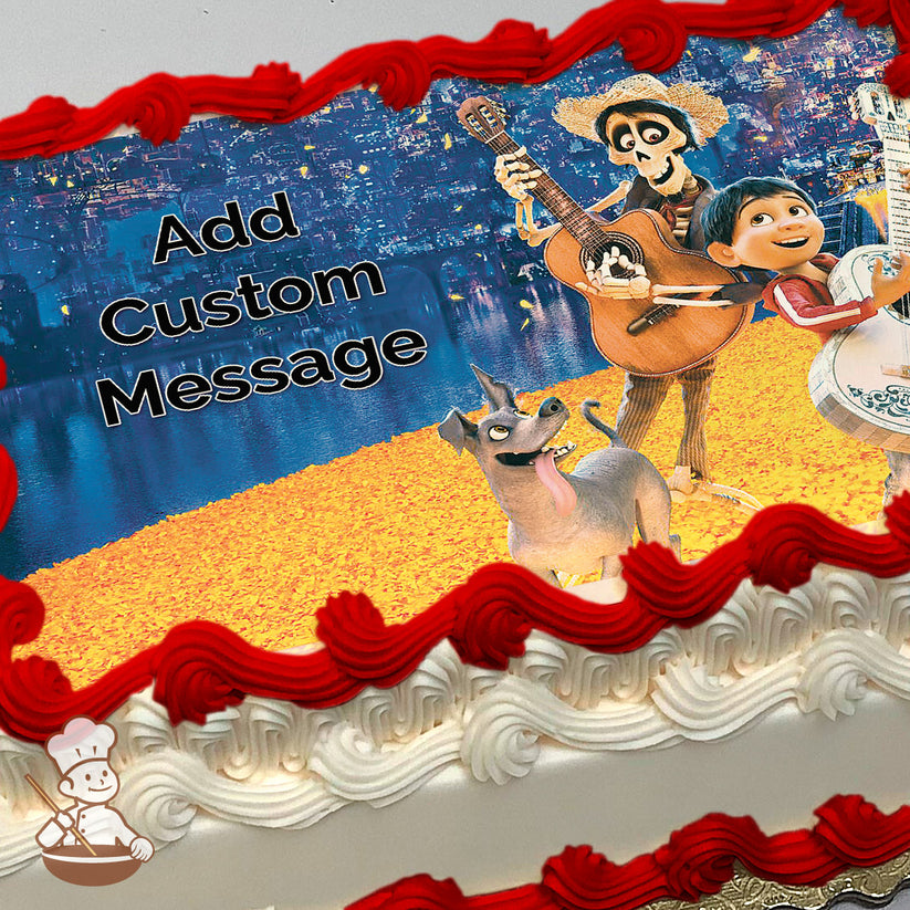 A colorful cartoon image of Miguel, Héctor, and Dante from "Coco" on a marigold bridge at night, with a cityscape glowing in the background, printed on a sheet cake.