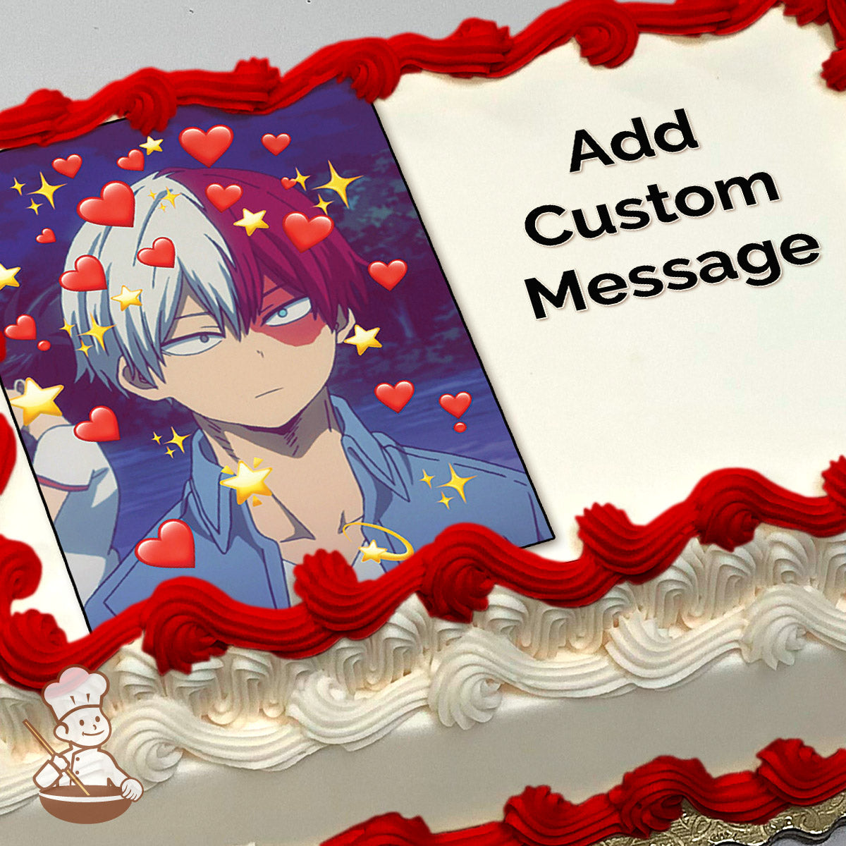 Anime-style illustration of a character with red and white hair, surrounded by hearts and sparkles. The background is a nighttime outdoor scene. Printed on a sheet cake.