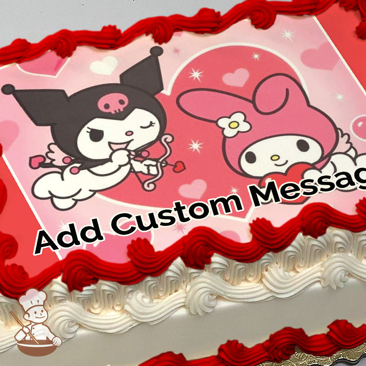 Cartoon illustration of Kuromi holding a heart-shaped bow and My Melody holding a heart, set against a pink background with hearts and sparkles, printed on a sheet cake.