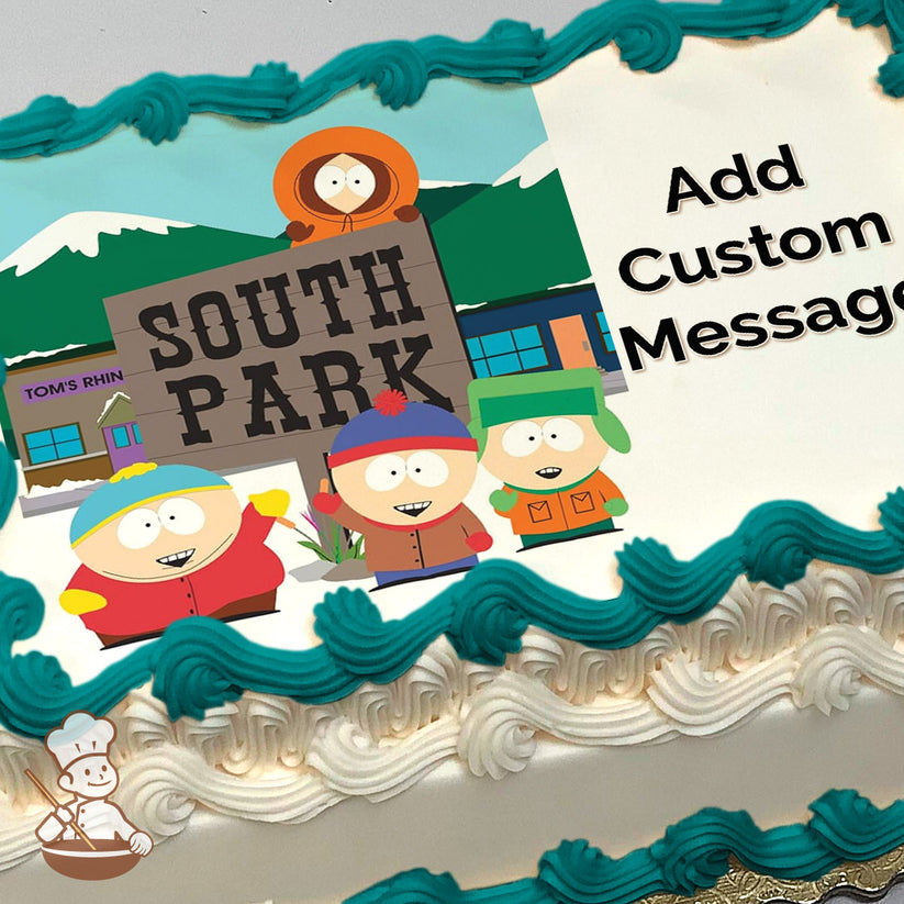 Cartoon image of Eric, Stan, and Kyle standing in front of a "South Park" sign with Kenny peeking over it. Snowy mountain town background. Printed on a sheet cake.