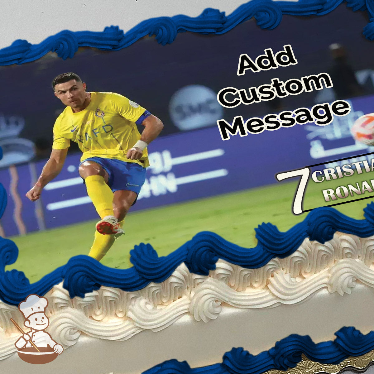 A soccer player in a yellow and blue uniform is mid-kick on a green field with a blurred stadium background. Printed on a photo sheet cake.