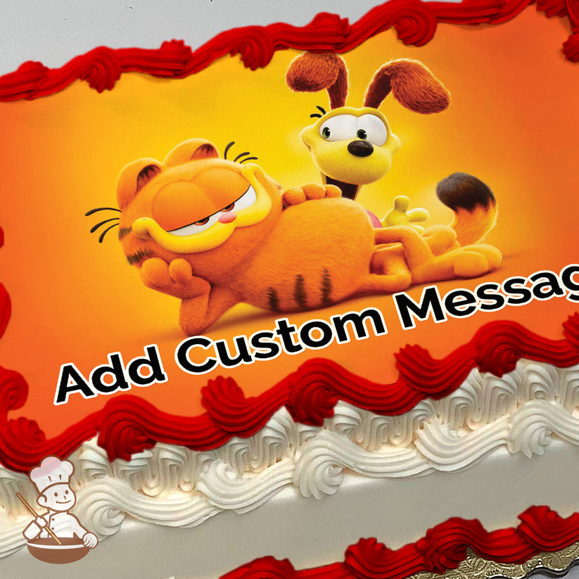 Cartoon image of Garfield lounging with Odie standing beside him, both smiling. The background is a gradient of orange and yellow. Printed on a photo sheet cake.