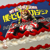 All Might from "My Hero Academia" is illustrated in a bold, heroic pose with a blue background and Japanese text. Printed on a photo sheet cake.