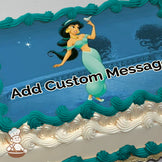 Cartoon Princess Jasmine holding a bird, standing on a palace balcony at night with trees and a starry sky in the background, printed on a sheet cake.