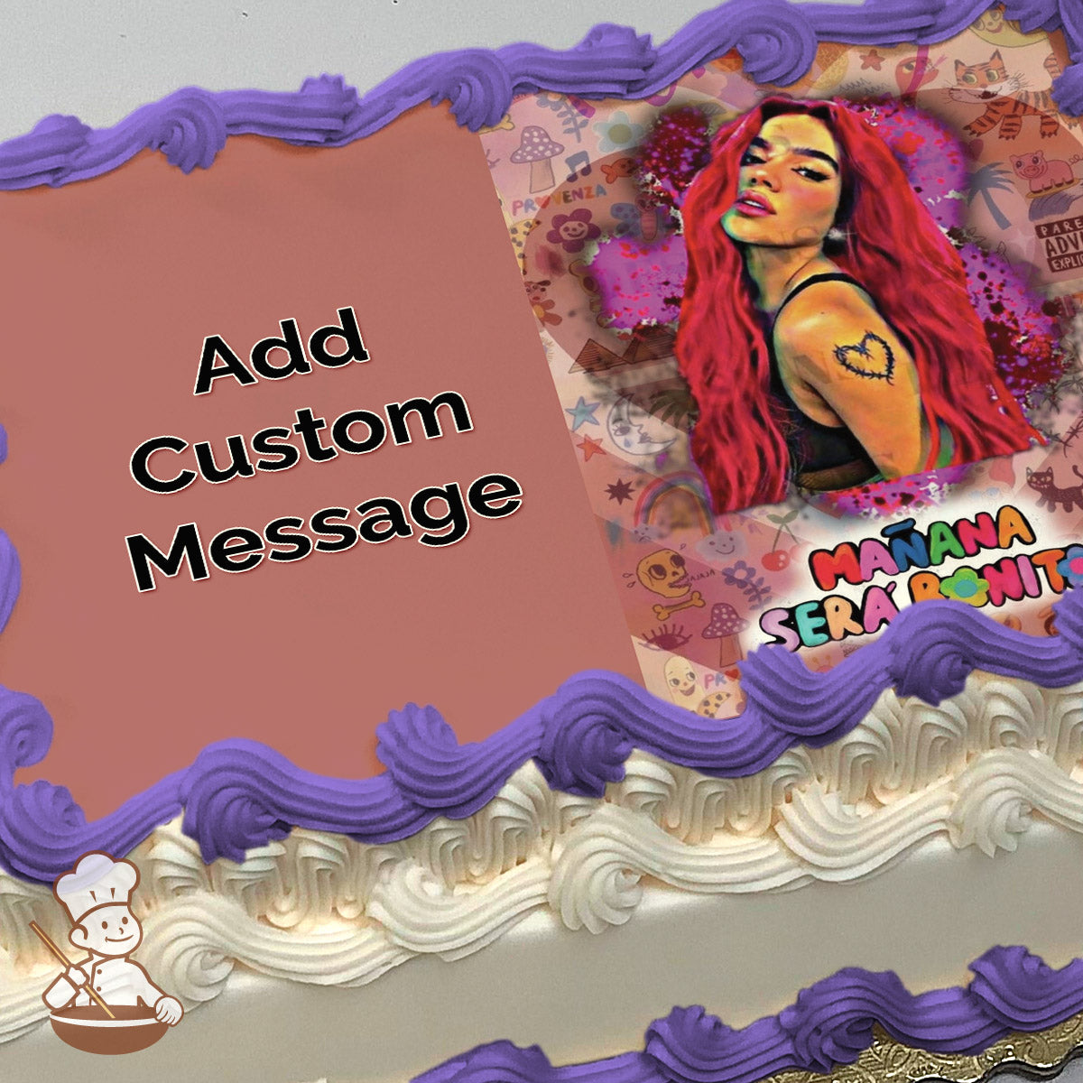 Illustration of a woman with long red hair, a heart tattoo on her arm, and a colorful background with playful doodles. Printed on a photo sheet cake.