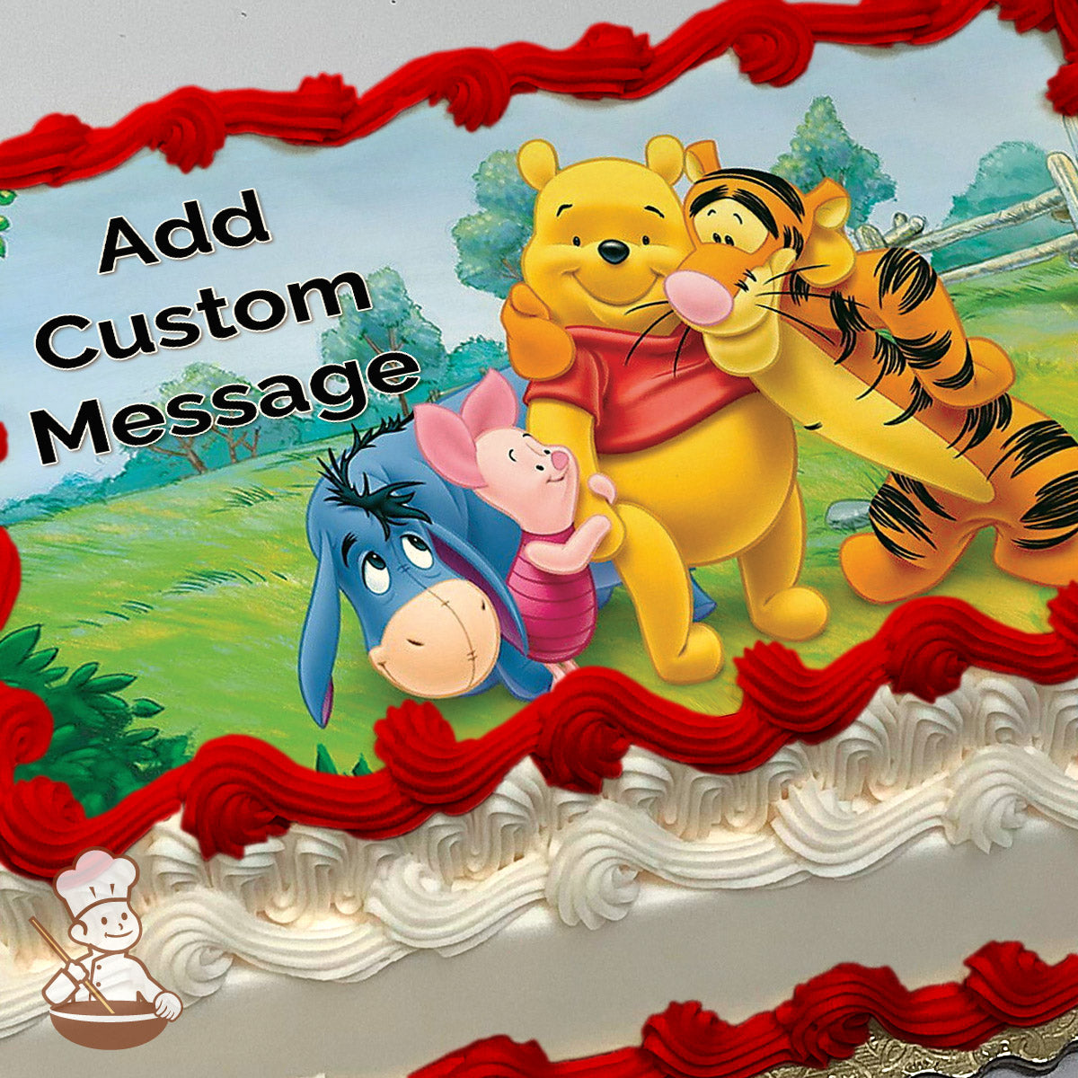 Cartoon image of Winnie the Pooh, Tigger, Piglet, and Eeyore smiling in a grassy park with trees and a wooden fence in the background, printed on a sheet cake.