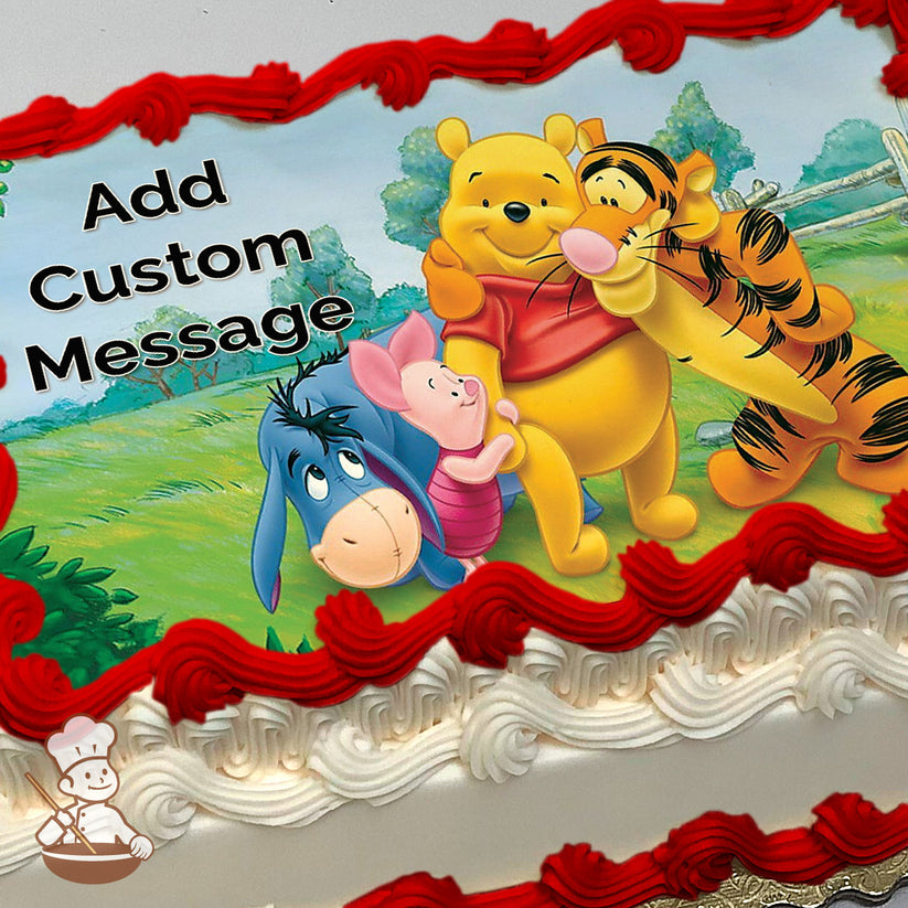 Cartoon image of Winnie the Pooh, Tigger, Piglet, and Eeyore smiling in a grassy park with trees and a wooden fence in the background, printed on a sheet cake.
