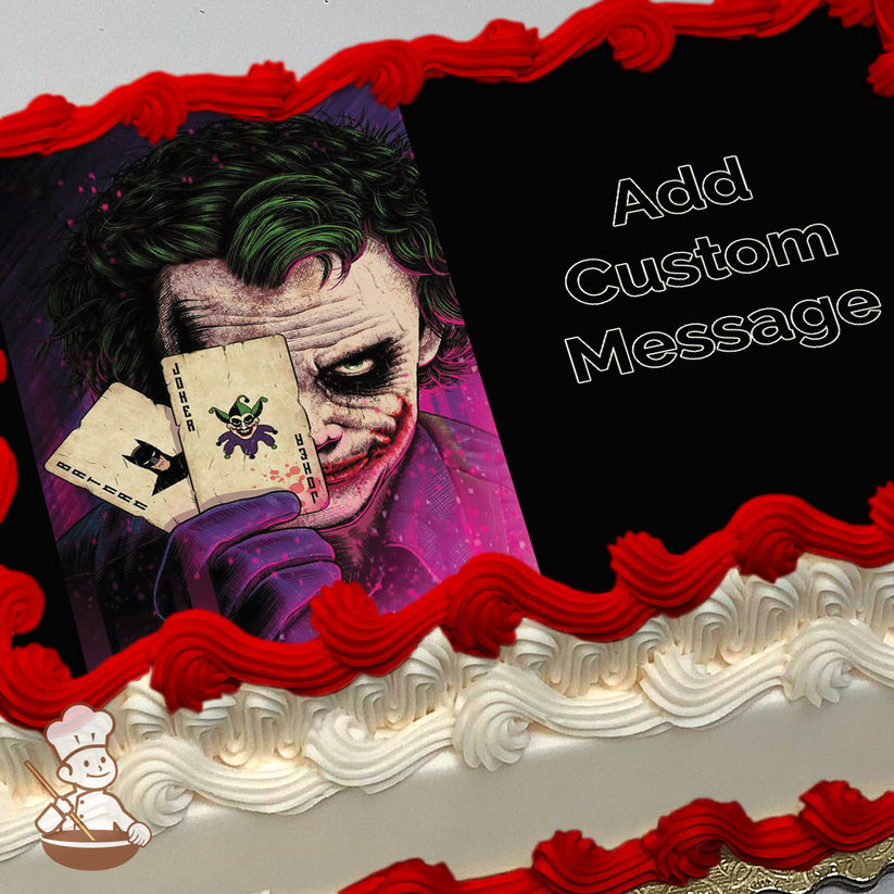 A detailed illustration of a sinister character with green hair, white face paint, and red lips holding two Joker playing cards. The background is dark with pink and purple accents. Printed on a photo sheet cake.