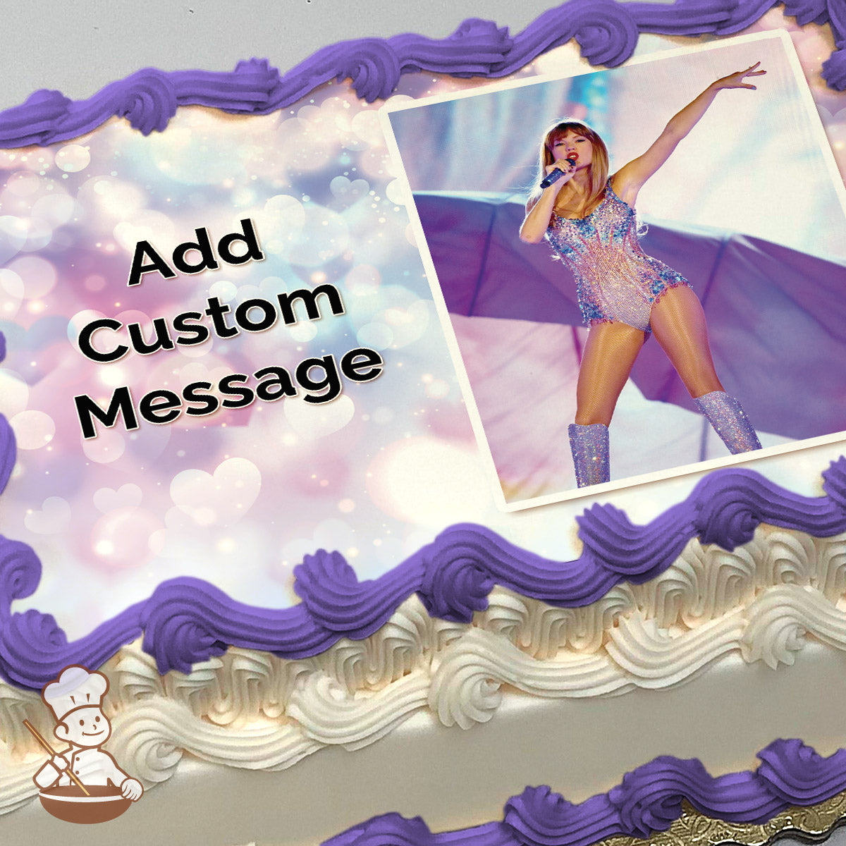 A photo of a performer in a sparkly bodysuit and boots singing on stage with an arm raised. The background is pastel with heart-shaped bokeh. Printed on a sheet cake.