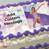 A photo of a performer in a sparkly bodysuit and boots singing on stage with an arm raised. The background is pastel with heart-shaped bokeh. Printed on a sheet cake.