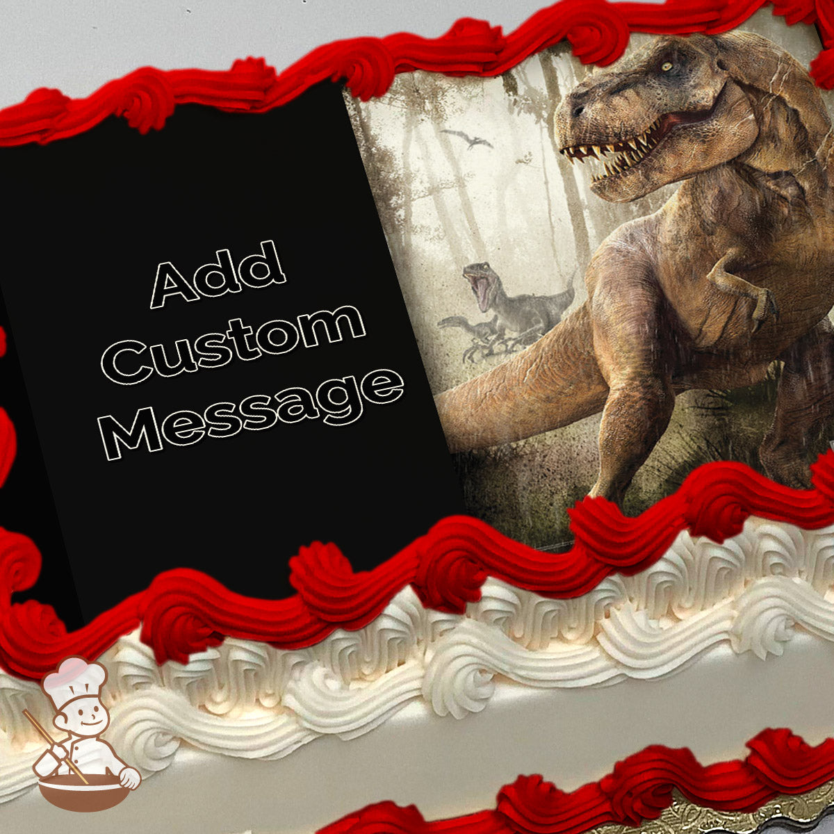 A realistic illustration of a roaring T-Rex in a misty forest with another dinosaur in the background. Printed on a photo sheet cake.
