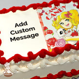 A cartoon illustration of a blonde girl with green eyes and red bows in her hair, holding a small white animal, surrounded by red and white roses. Printed on a photo sheet cake.