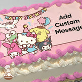 Cartoon image of Hello Kitty wearing a party hat, surrounded by My Melody, Kuromi, Keroppi, Cinnamoroll, and Pompompurin on a pink background with confetti. Printed on a sheet cake.