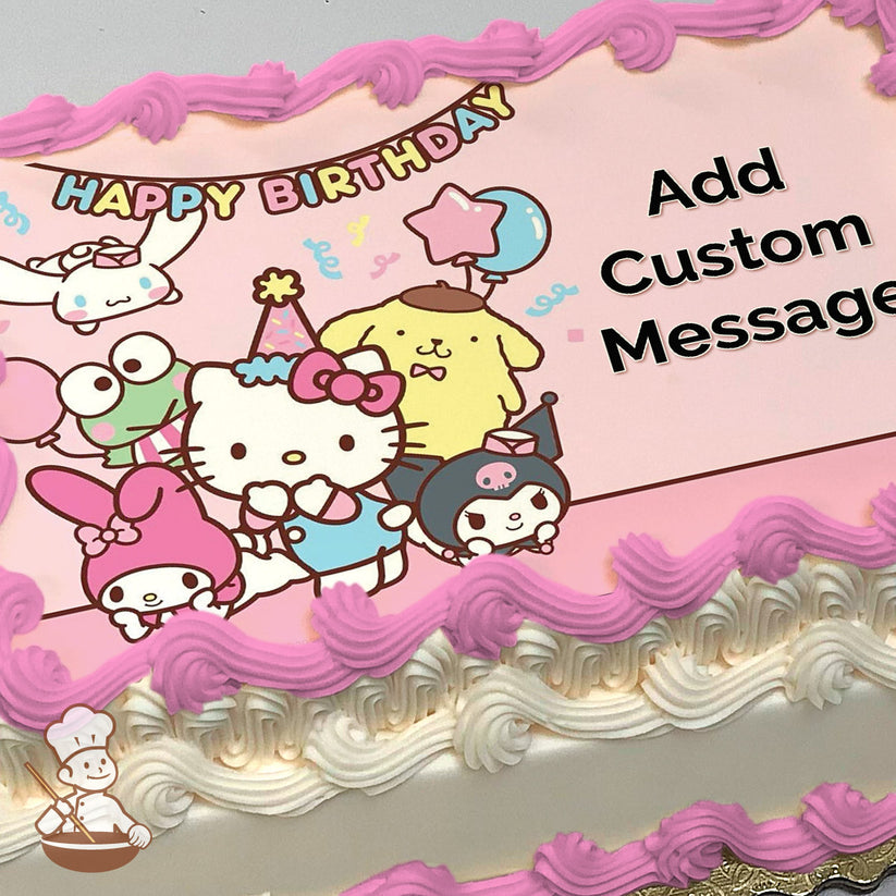 Cartoon image of Hello Kitty wearing a party hat, surrounded by My Melody, Kuromi, Keroppi, Cinnamoroll, and Pompompurin on a pink background with confetti. Printed on a sheet cake.