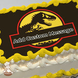 Silhouette of a dinosaur skeleton in a yellow circle with a red border on a black background, printed on a photo sheet cake.