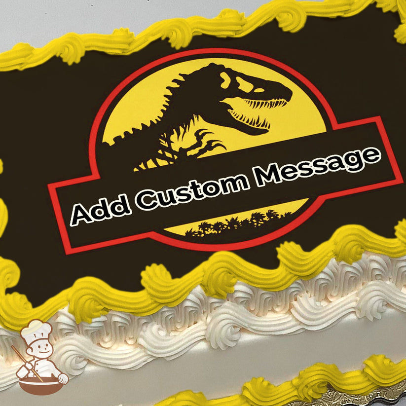 Silhouette of a dinosaur skeleton in a yellow circle with a red border on a black background, printed on a photo sheet cake.