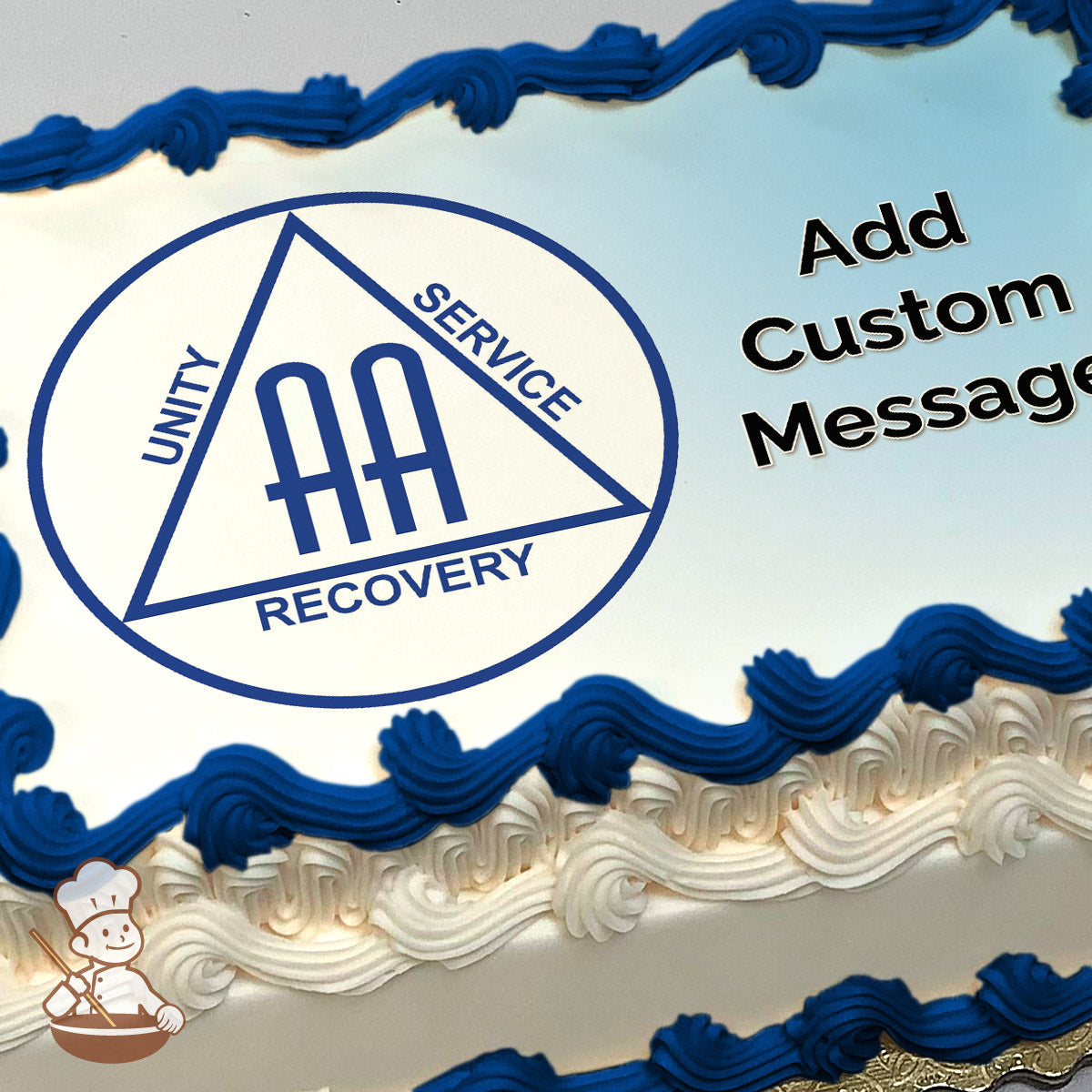A blue and white AA logo with the words "Unity," "Service," and "Recovery" inside a triangle, printed on a photo sheet cake.
