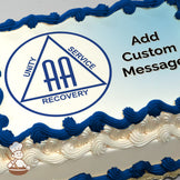 A blue and white AA logo with the words "Unity," "Service," and "Recovery" inside a triangle, printed on a photo sheet cake.