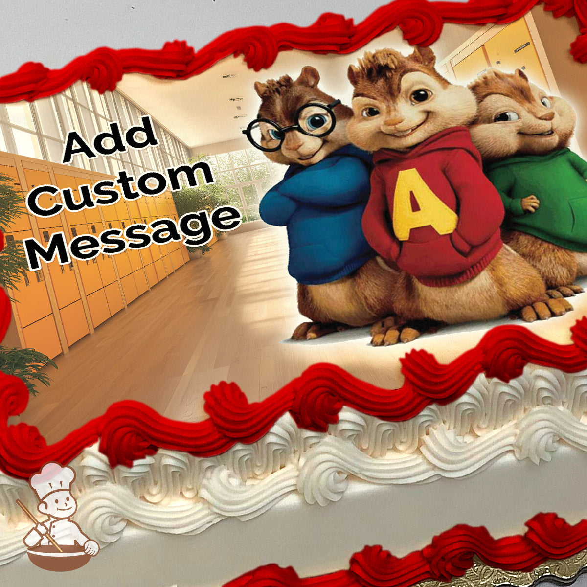 Three cartoon chipmunks stand in a school hallway with lockers and windows in the background. The image is printed on a photo sheet cake.