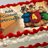 Three cartoon chipmunks stand in a school hallway with lockers and windows in the background. The image is printed on a photo sheet cake.