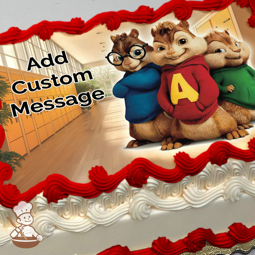 Three cartoon chipmunks stand in a school hallway with lockers and windows in the background. The image is printed on a photo sheet cake.