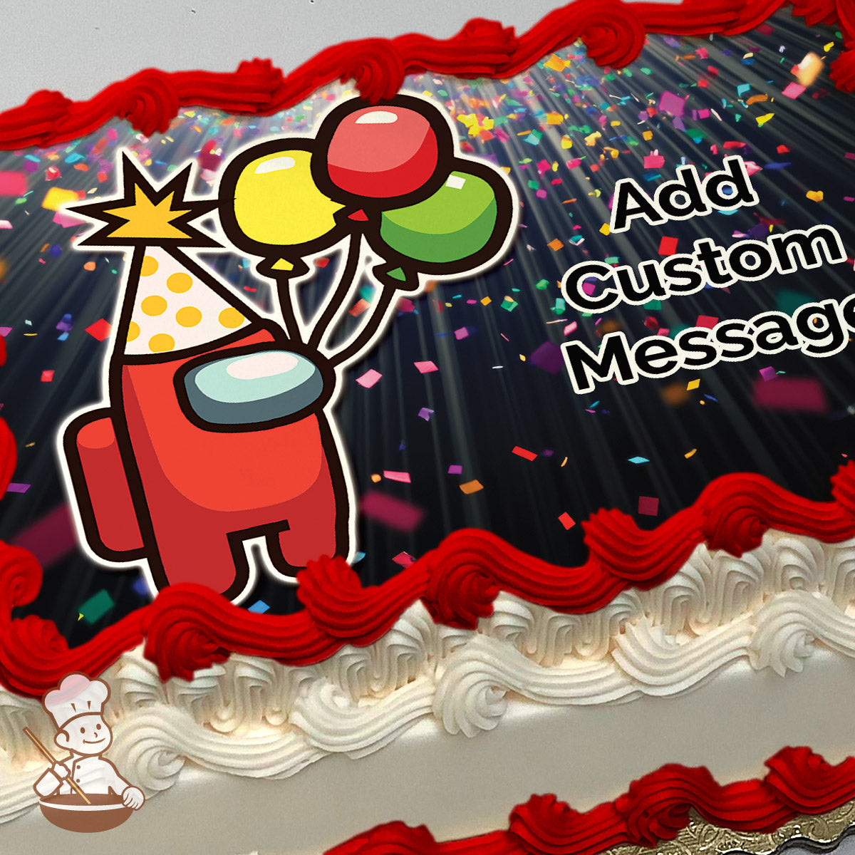 A game character in a party hat holds balloons amid colorful confetti on a dark, radiant background. Image printed on a sheet cake.