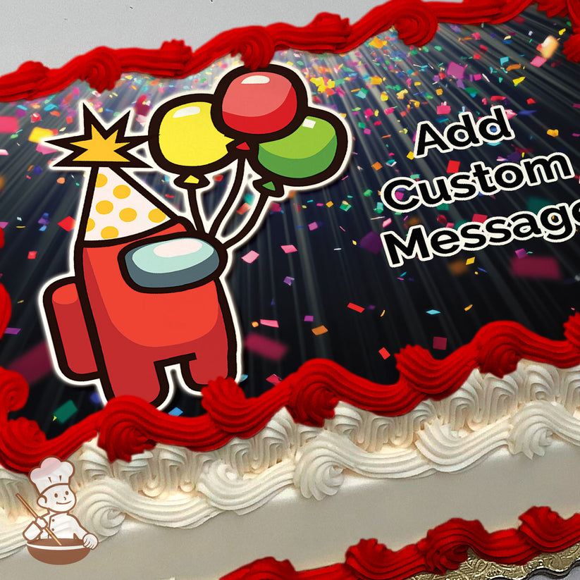 A game character in a party hat holds balloons amid colorful confetti on a dark, radiant background. Image printed on a sheet cake.