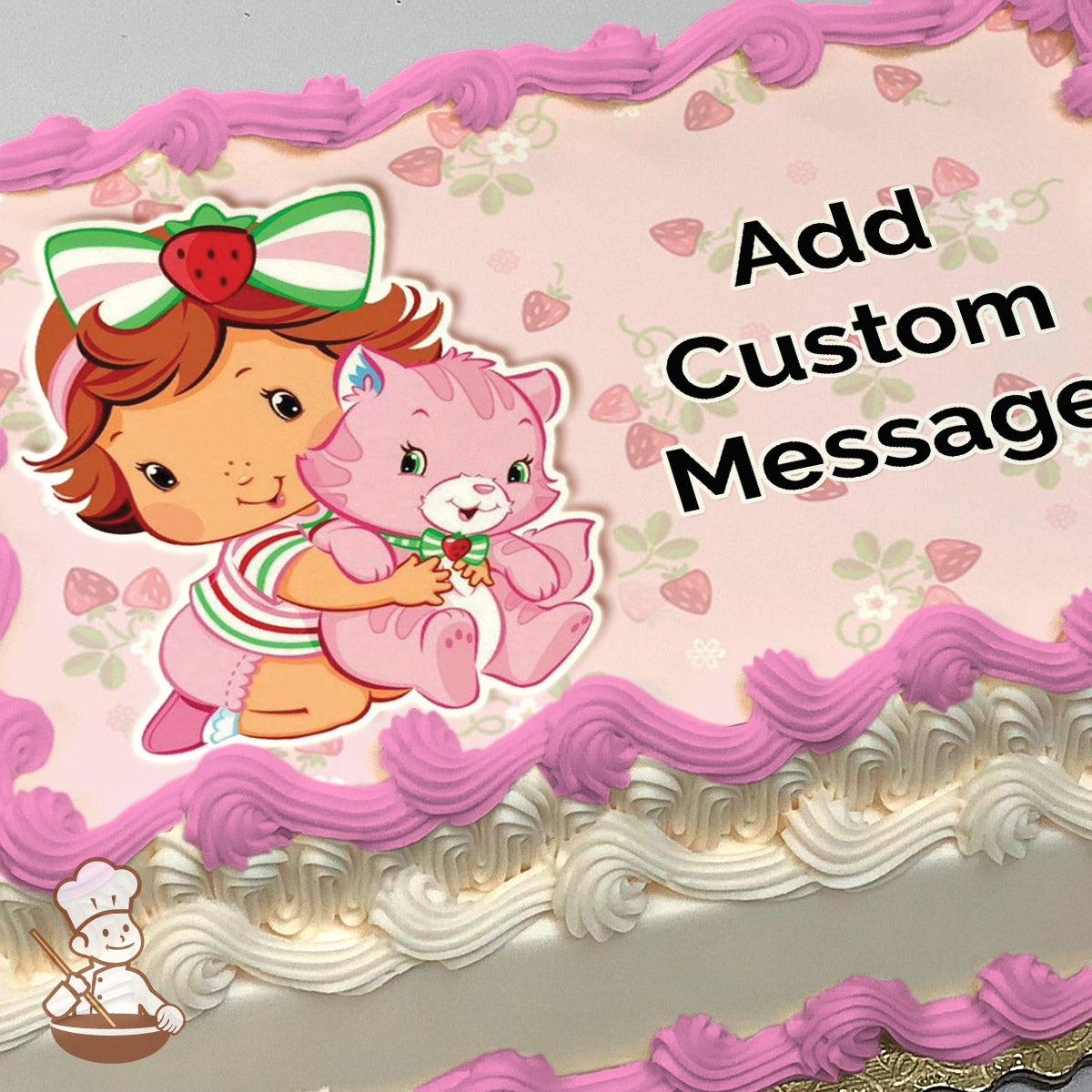Cartoon girl with a strawberry bow hugs a pink cat on a light pink background with strawberries and flowers, printed on a photo sheet cake.