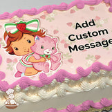 Cartoon girl with a strawberry bow hugs a pink cat on a light pink background with strawberries and flowers, printed on a photo sheet cake.