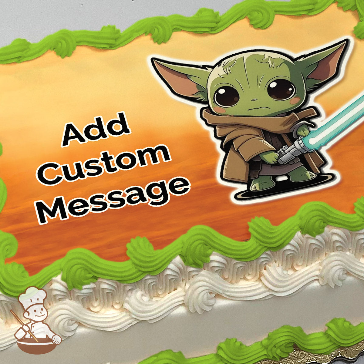 Cartoon illustration of a small green character with large ears holding a glowing lightsaber, set against an orange gradient background, printed on a sheet cake.