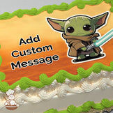 Cartoon illustration of a small green character with large ears holding a glowing lightsaber, set against an orange gradient background, printed on a sheet cake.