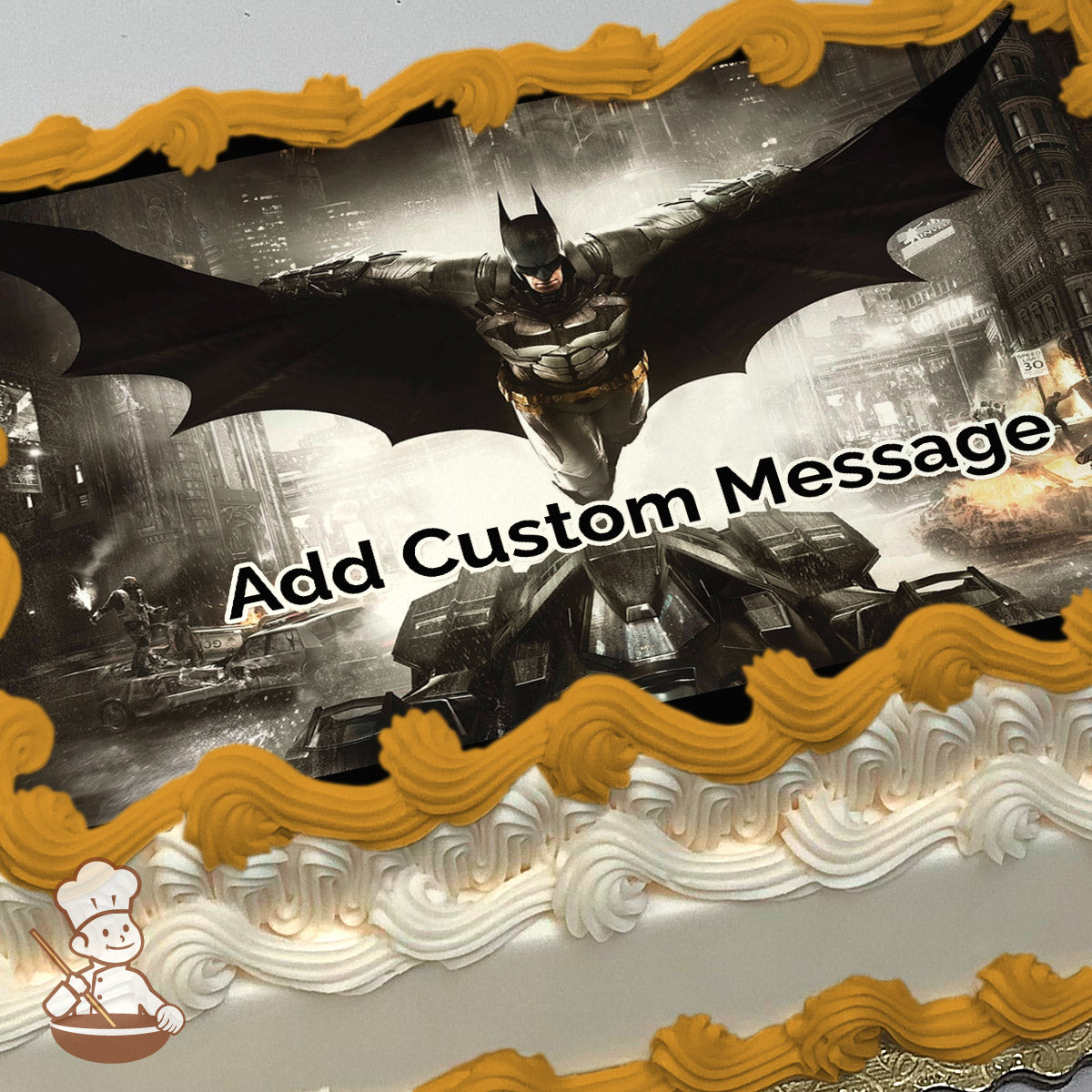 Batman glides over a cityscape at night, with buildings and explosions in the background. Image printed on a photo sheet cake.