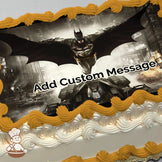 Batman glides over a cityscape at night, with buildings and explosions in the background. Image printed on a photo sheet cake.