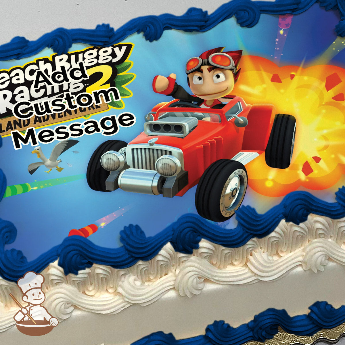 A cartoon character driving a red race car with large wheels and a chrome grille, set against a vibrant blue background with explosions and flying rockets. Printed on a photo sheet cake.