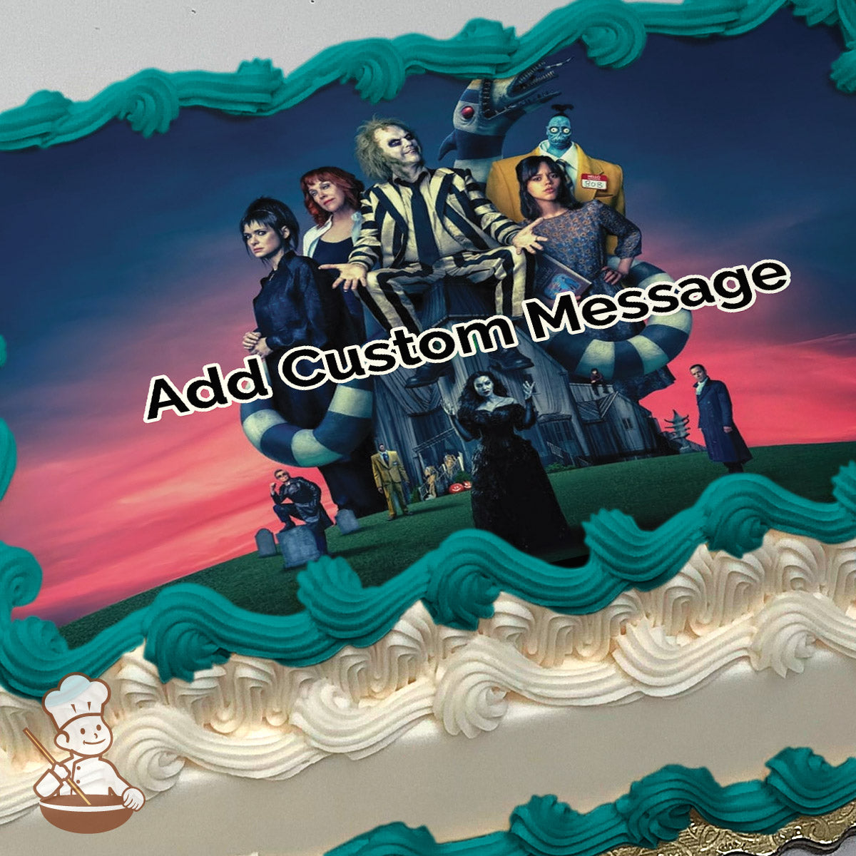 A cartoon illustration featuring a striped-suited character sitting on a snake-like creature, surrounded by others in gothic attire. The background shows a spooky house at sunset. Printed on a photo sheet cake.