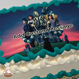 A cartoon illustration featuring a striped-suited character sitting on a snake-like creature, surrounded by others in gothic attire. The background shows a spooky house at sunset. Printed on a photo sheet cake.