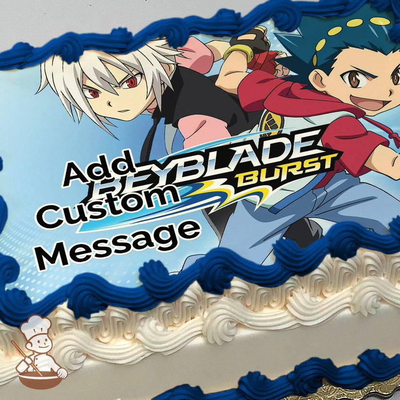 Two cartoon characters from "Beyblade Burst" are in action poses on a blue background with the show's logo. Printed on a photo sheet cake.