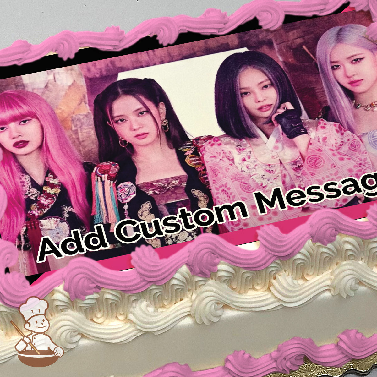 Four women in colorful, traditional-inspired outfits pose together against a rustic indoor background. The image is printed on a photo sheet cake.