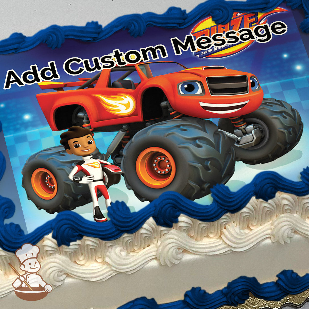 Cartoon image of a red monster truck with large wheels and a smiling face, next to a boy in a racing suit. Blue checkered background. Printed on a sheet cake.