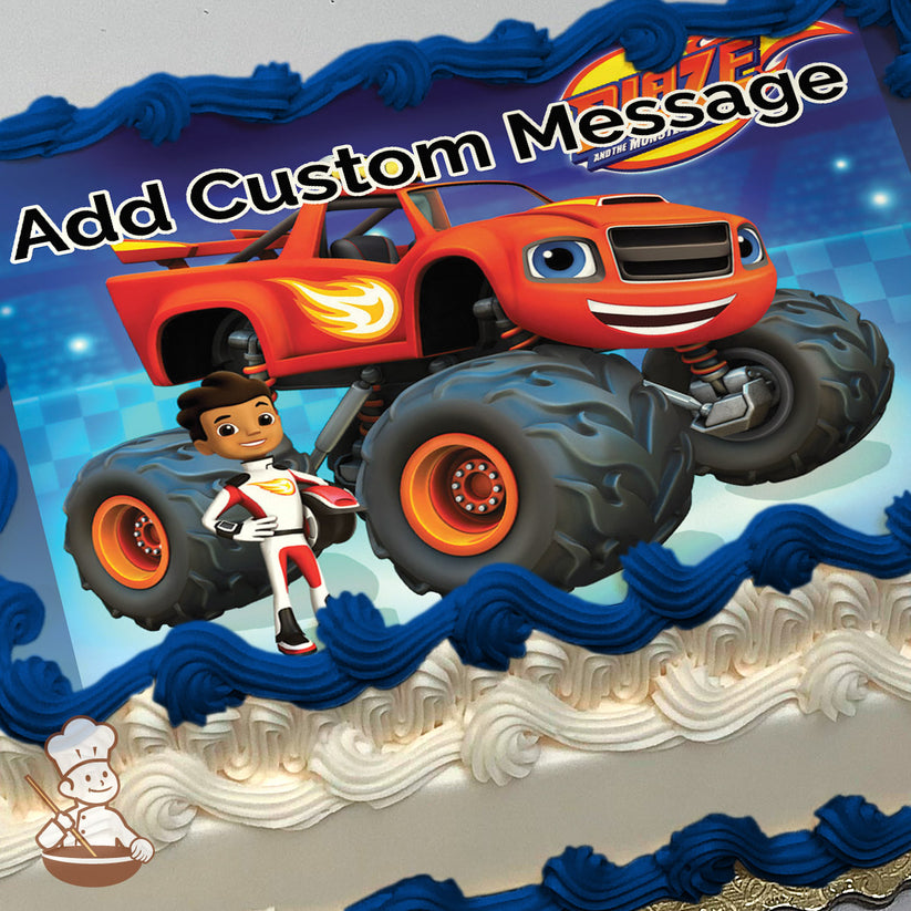 Cartoon image of a red monster truck with large wheels and a smiling face, next to a boy in a racing suit. Blue checkered background. Printed on a sheet cake.