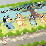 Cartoon illustration of four dog characters standing outdoors near a tree with hanging lanterns on a sunny day, printed on a photo sheet cake.