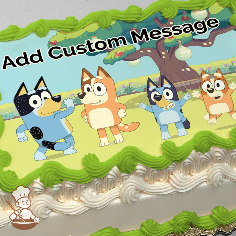 Cartoon illustration of four dog characters standing outdoors near a tree with hanging lanterns on a sunny day, printed on a photo sheet cake.