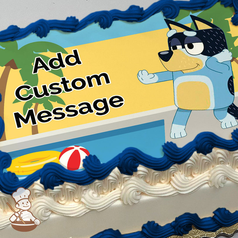 A cartoon blue dog waving, standing on a yellow background with palm trees. Below is a blue pool with a beach ball and float. Printed on a sheet cake.